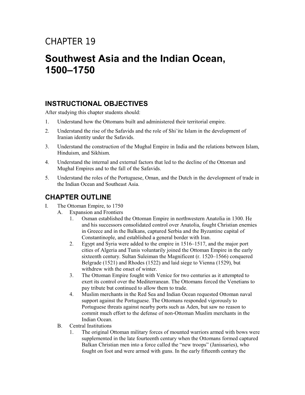 Southwest Asia and the Indian Ocean, 1500 1750