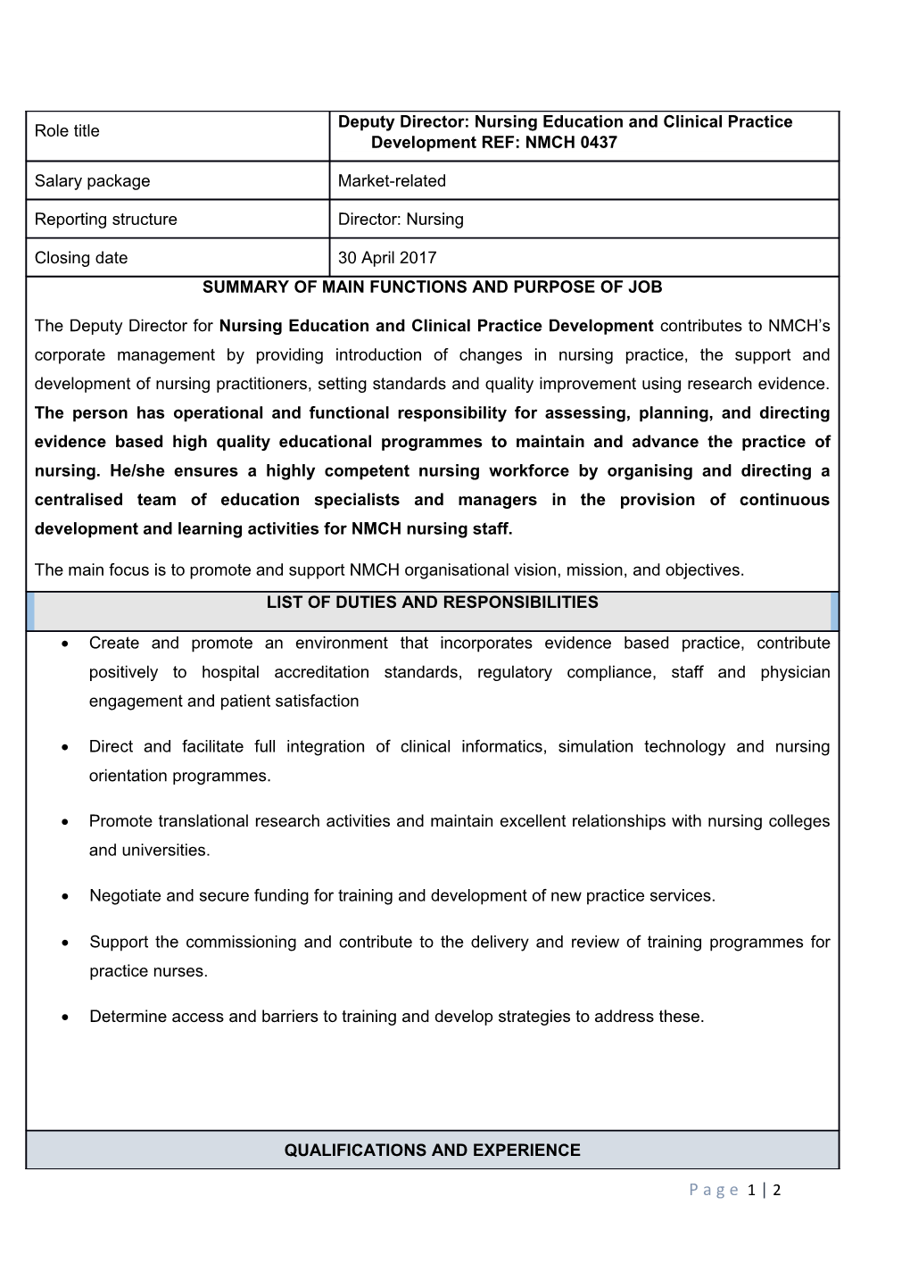 Deputy Director: Nursing Education and Clinical Practice Development REF: NMCH 0437