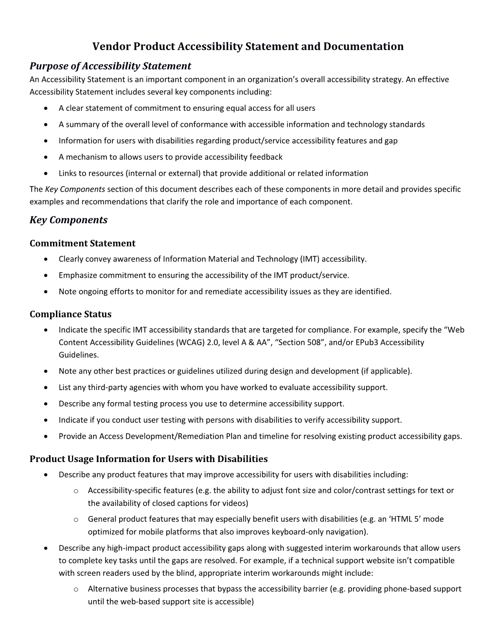 Vendor Product Accessibility Statement and Documentation