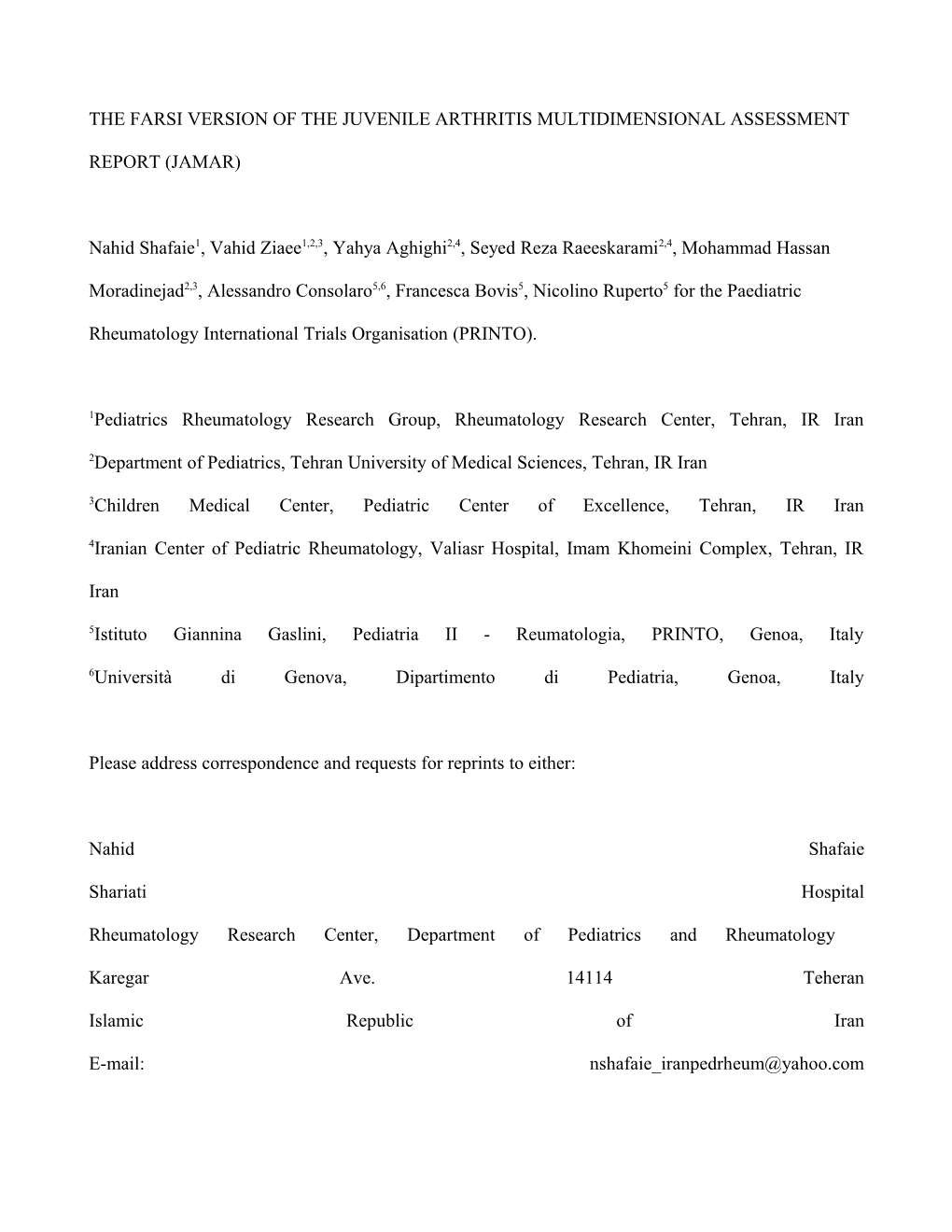 The Farsi Version of the Juvenile Arthritis Multidimensional Assessment Report (Jamar)