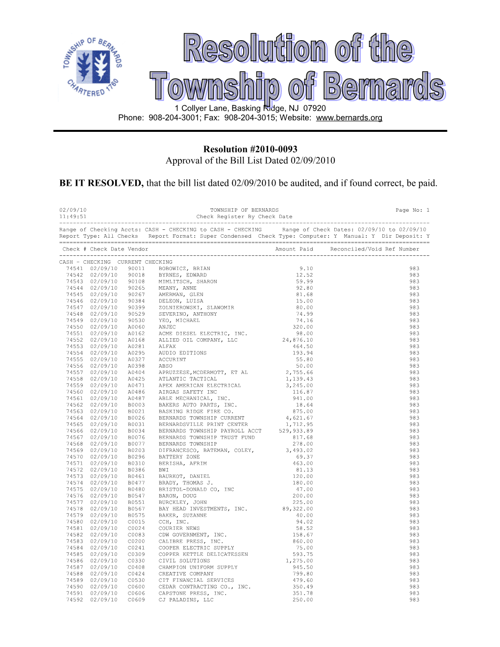 Approval of the Bill List Dated 02/09/2010