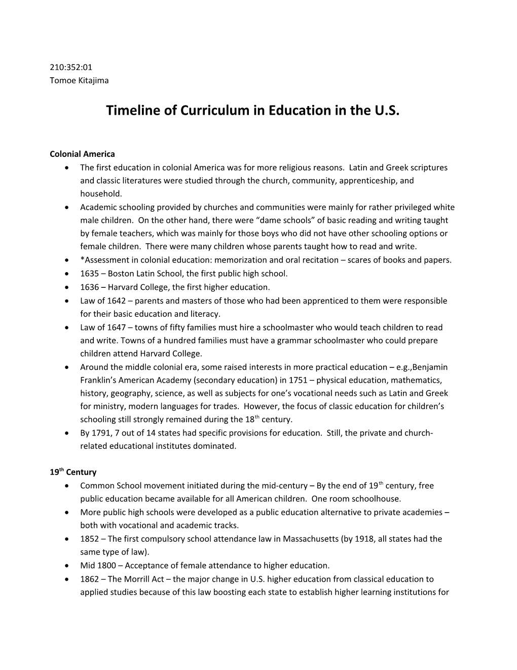 Timeline of Curriculum in Education in the U.S