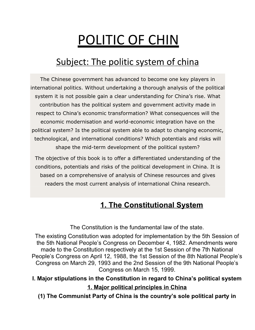 Subject: the Politic System of China