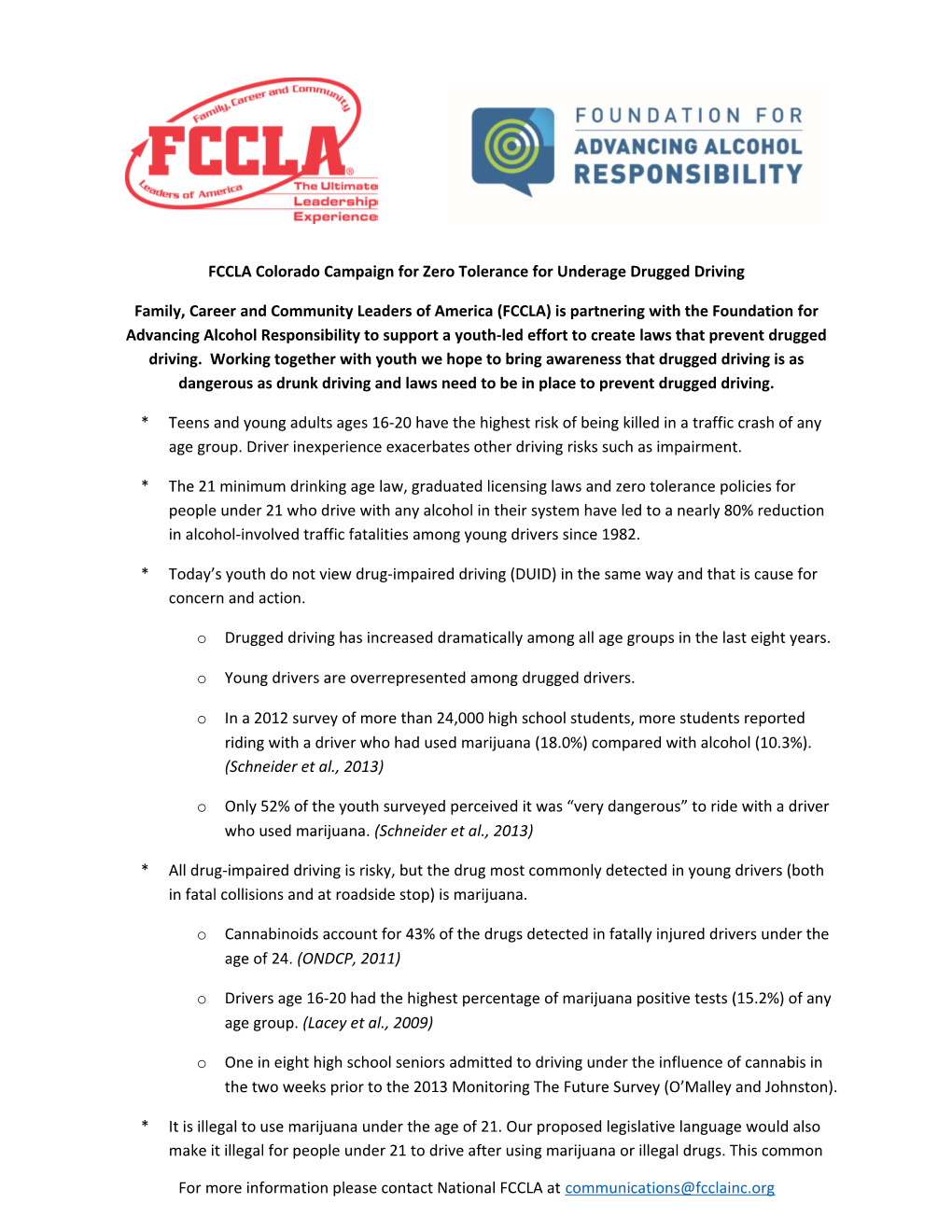 FCCLA Colorado Campaign for Zero Tolerance for Underage Drugged Driving