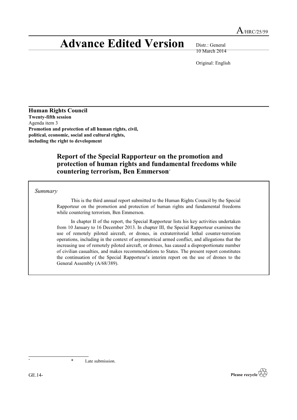 Report of the Special Rapporteur on the Promotion and Protection of Human Rights and Fundamental