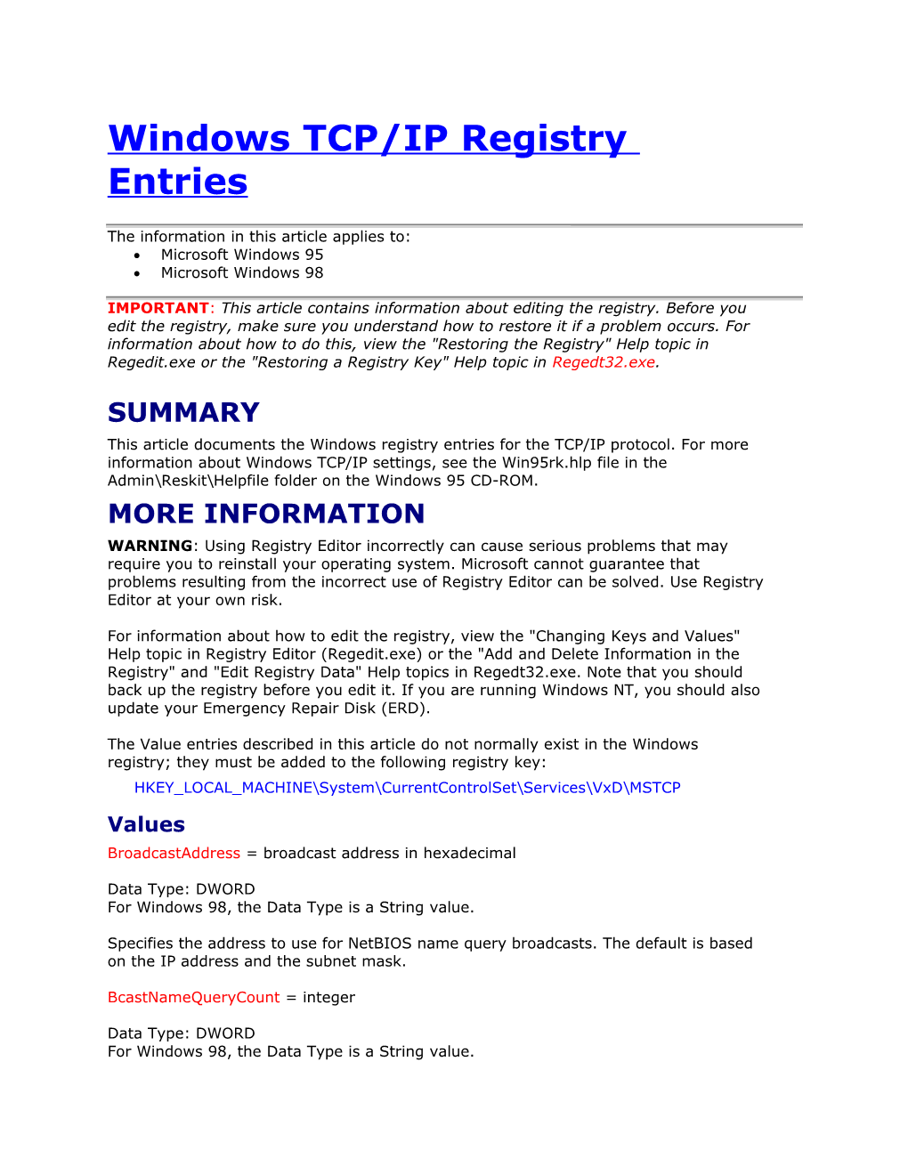 Windows TCP/IP Registry Entries