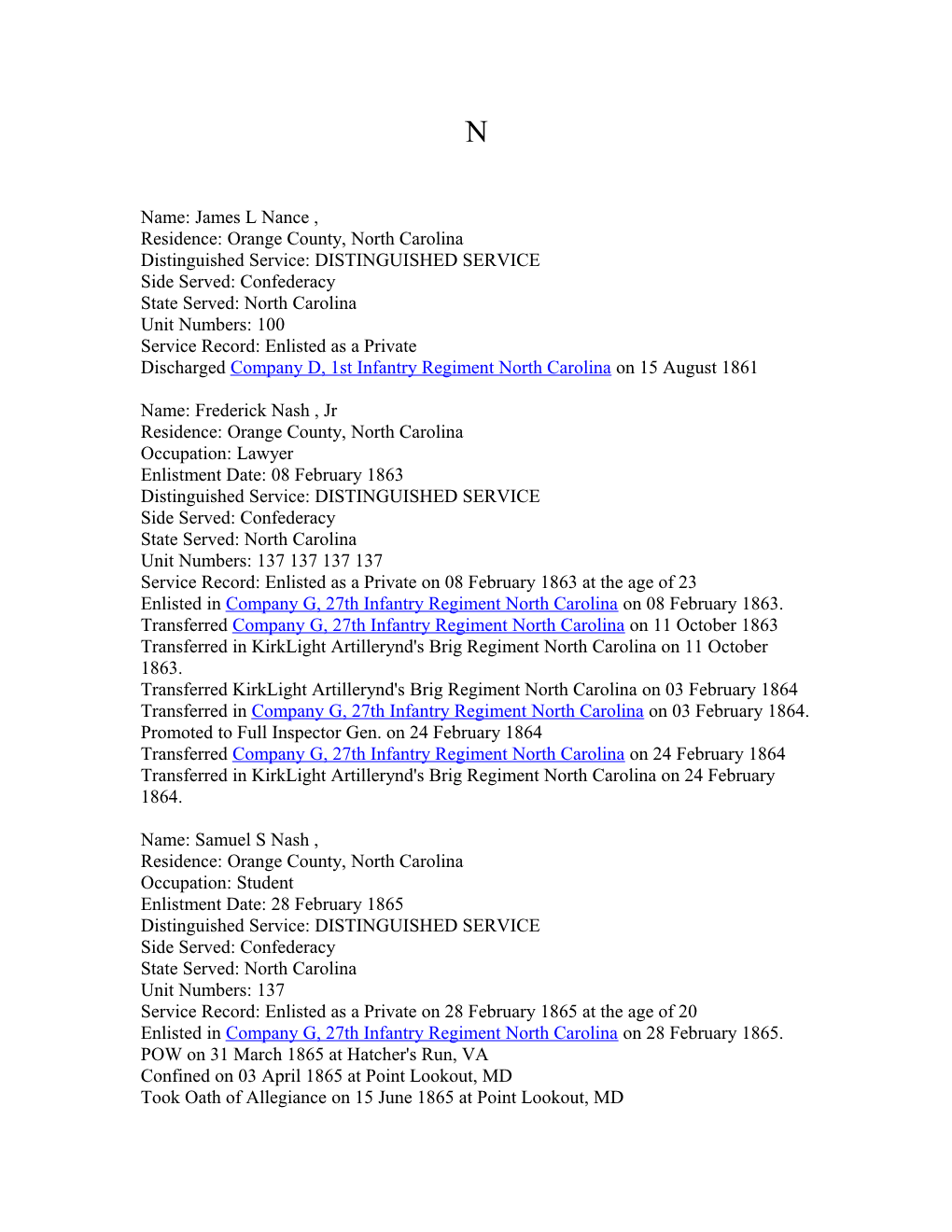 Orange County Civil War Soldiers Surname N