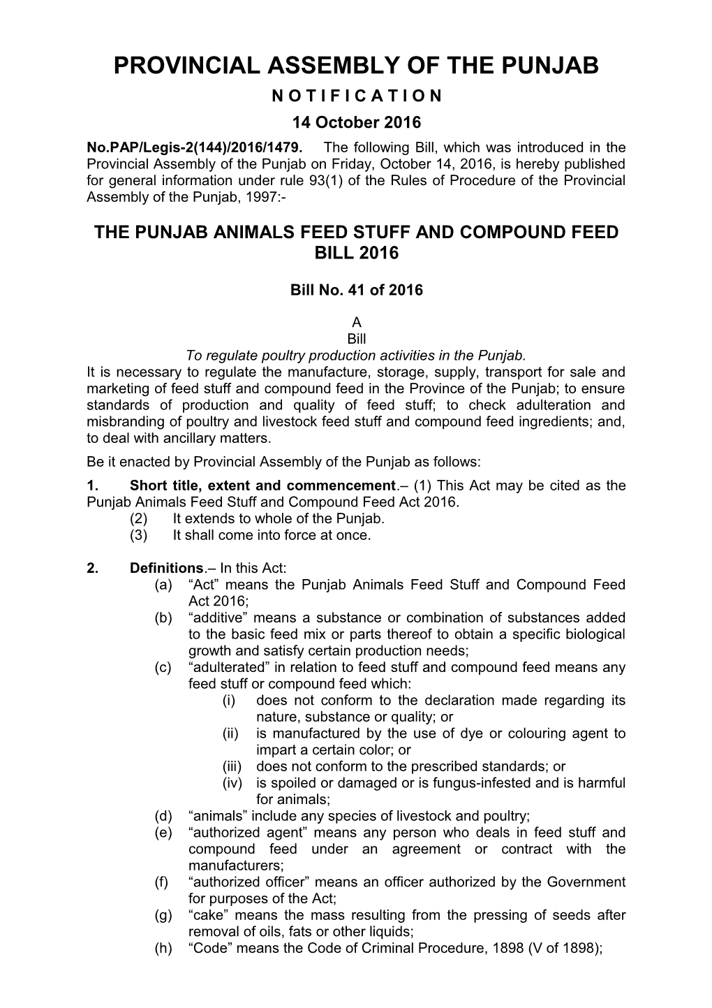 Vetted Punjab Animals Feed Stuff and Compound Feed Bill