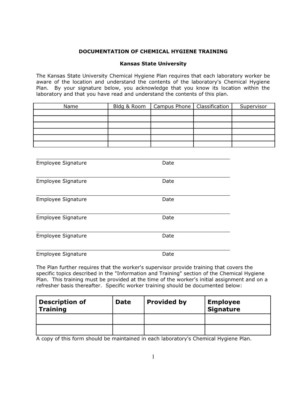 Documentation of Chemical Hygiene Training