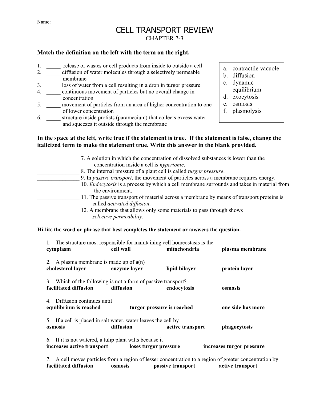 Cell Transport Worksheet