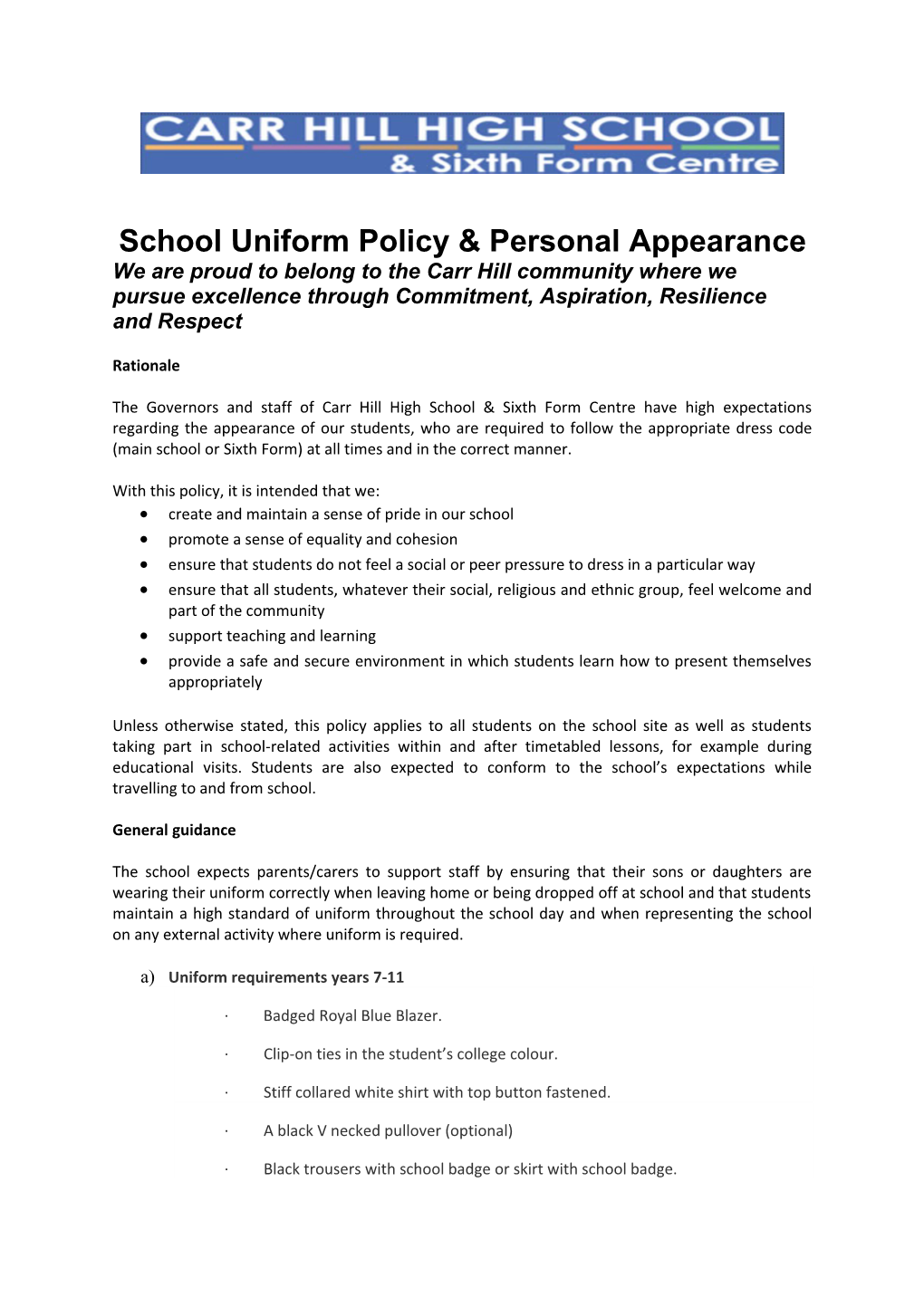 School Uniform Policy & Personal Appearance