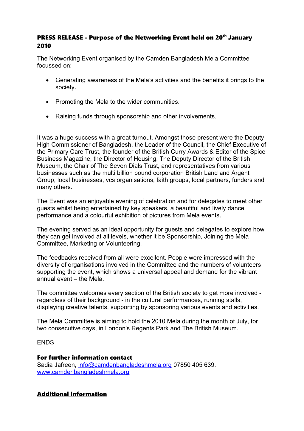 PRESS RELEASE - Purpose of the Networking Event Held on 20Th January 2010