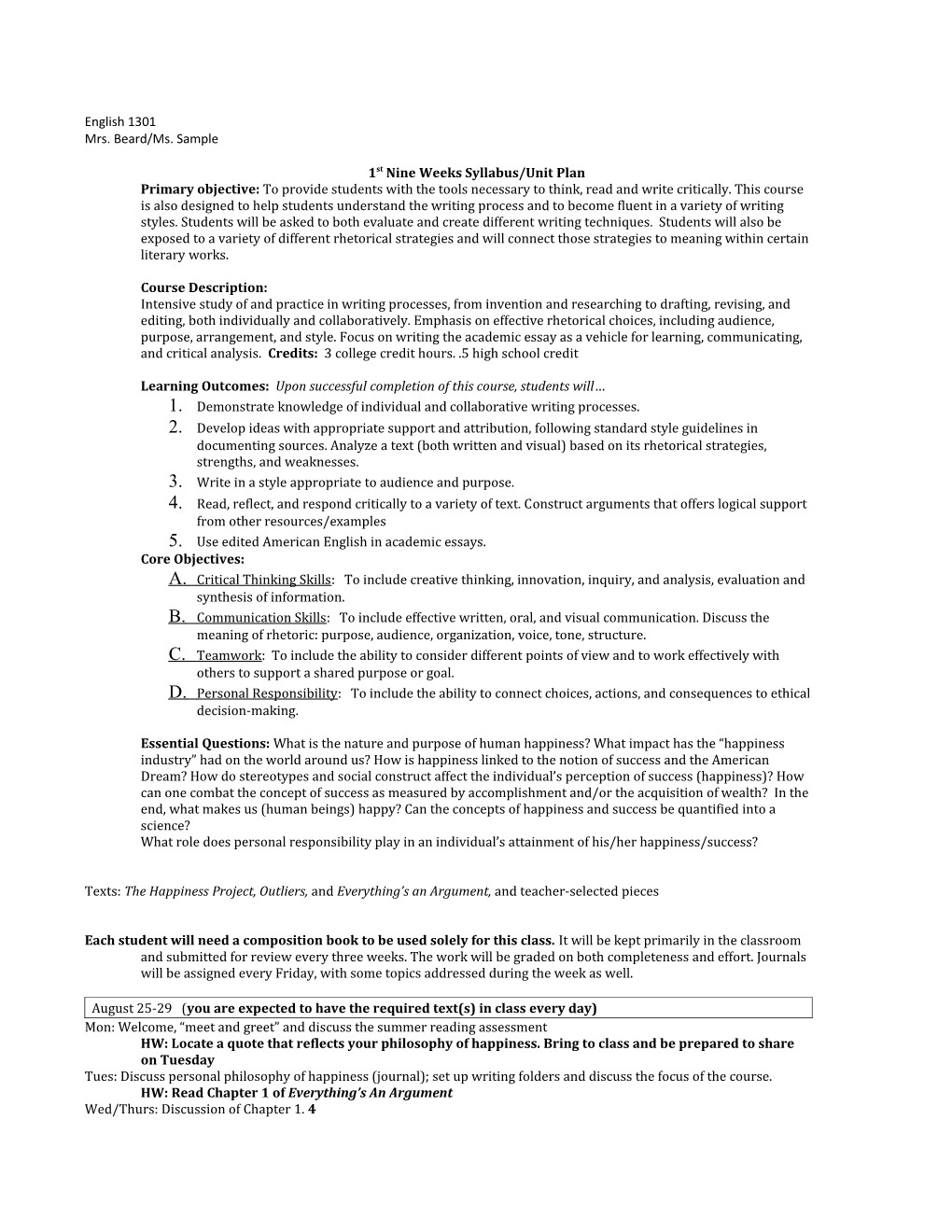 1St Nine Weeks Syllabus/Unit Plan