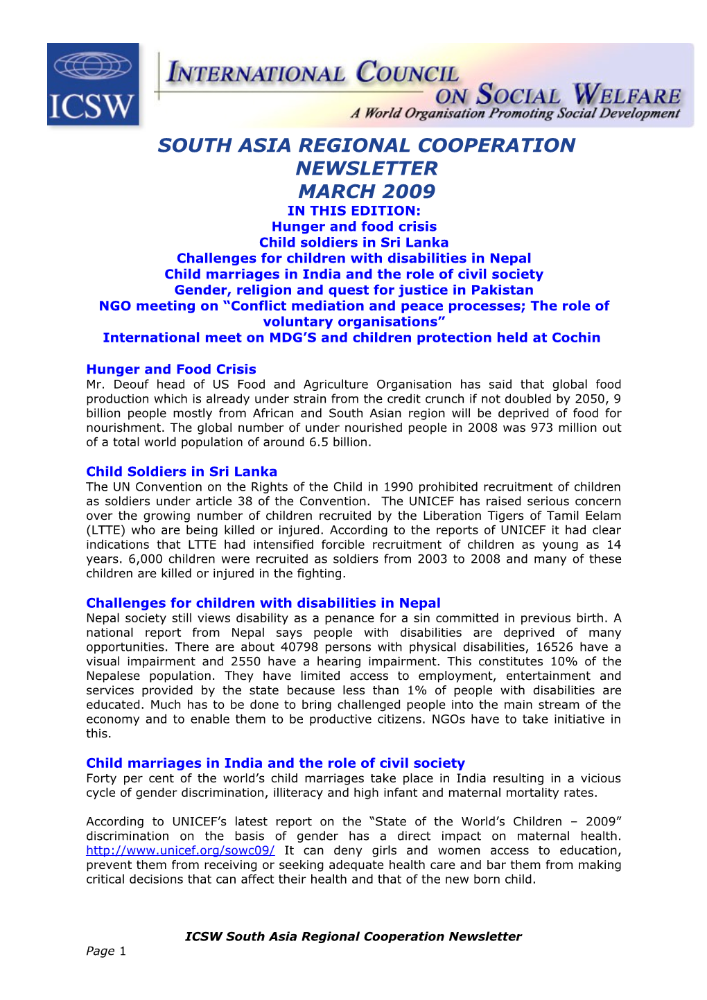 South Asia Regional Cooperation Newsletter
