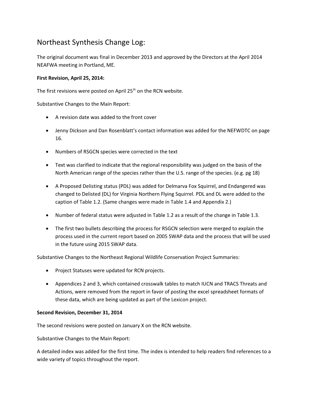 Northeast Synthesis Change Log