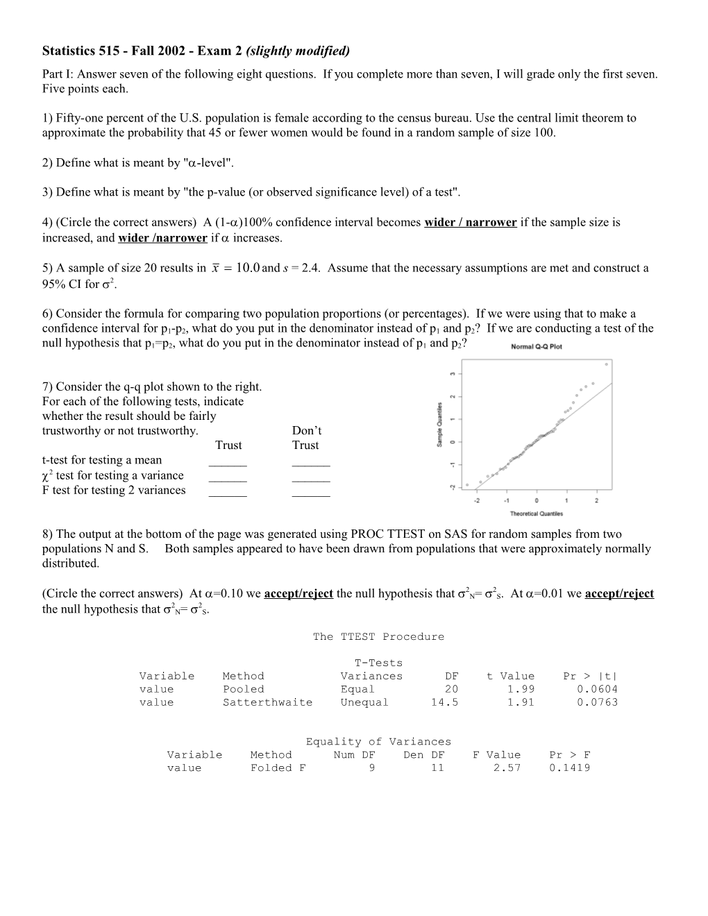 Statistics 515 - Fall 2002 - Exam 2 (Slightly Modified)