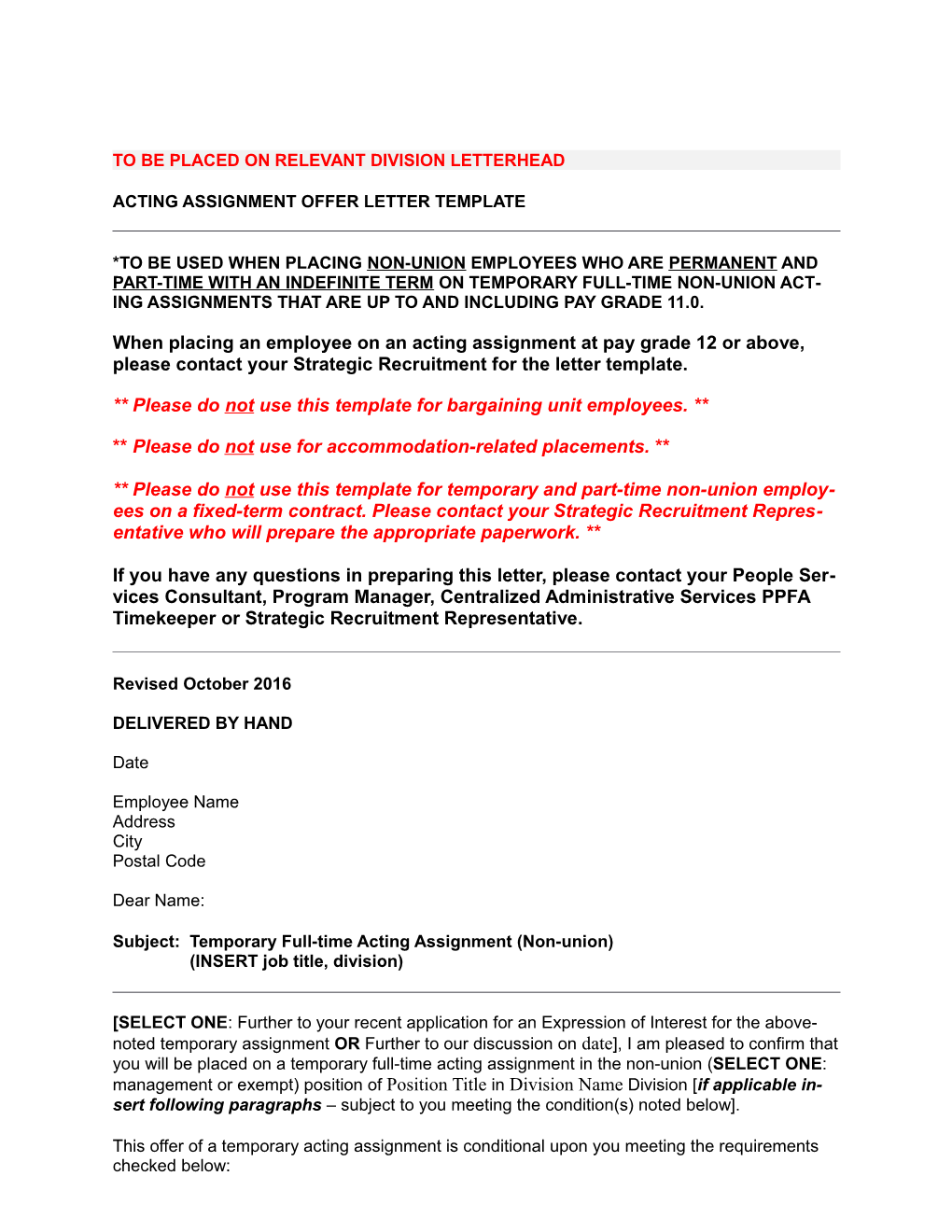 Acting Assignment Offer Letter Template