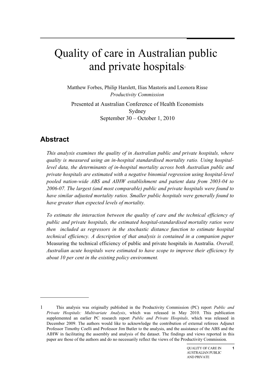 Quality of Care in Australian Public and Private Hospitals - Conference Paper