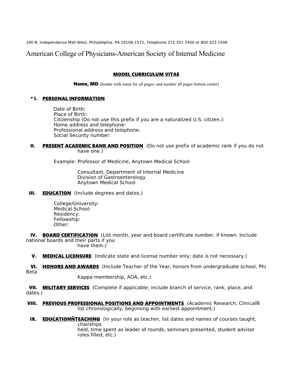 Model Curriculum Vitae