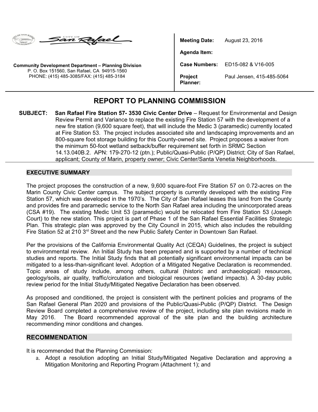 REPORT to PLANNING COMMISSION - Case No: ED15-082V16-005 Page 1