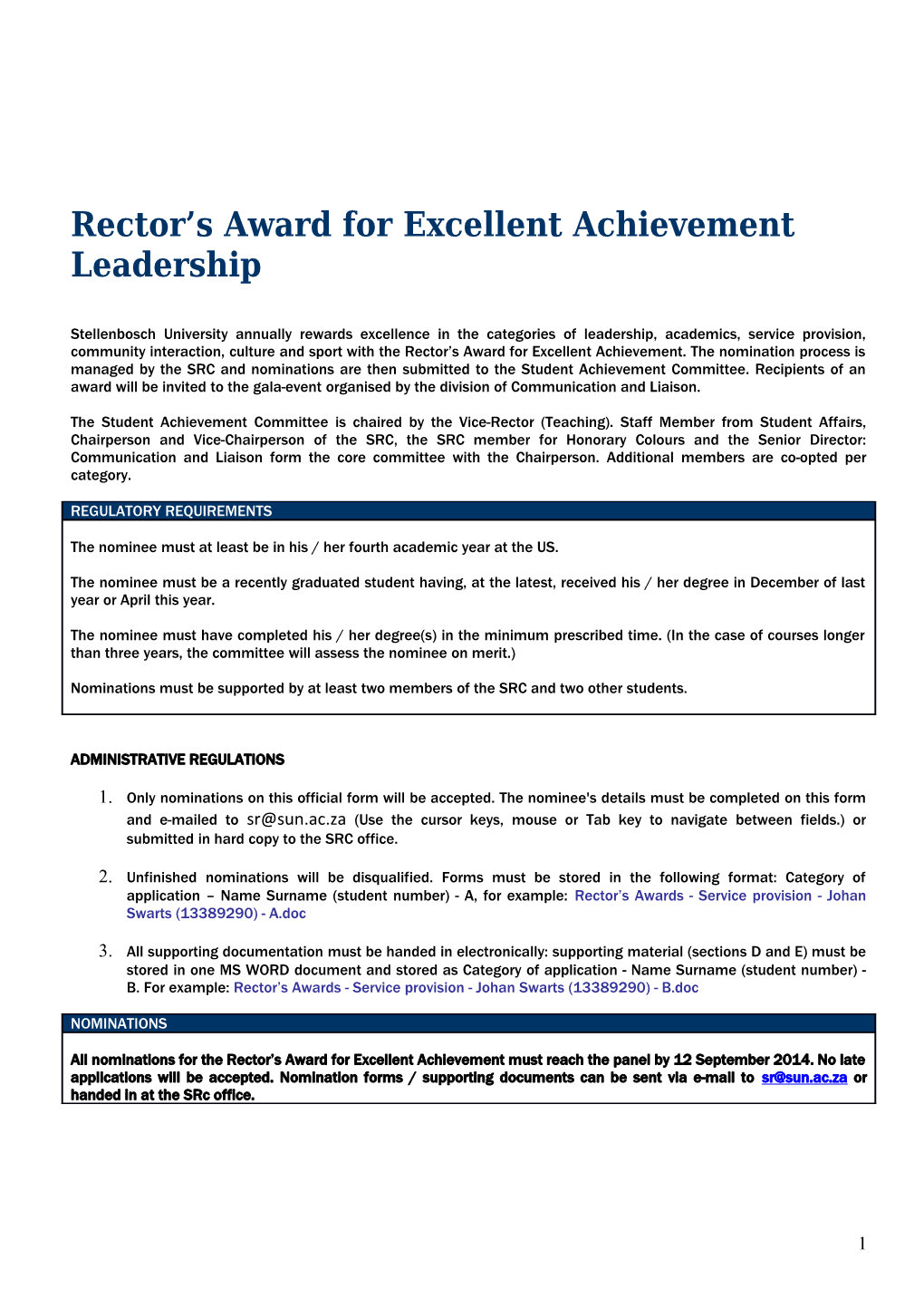 Rector S Award for Excellent Achievement