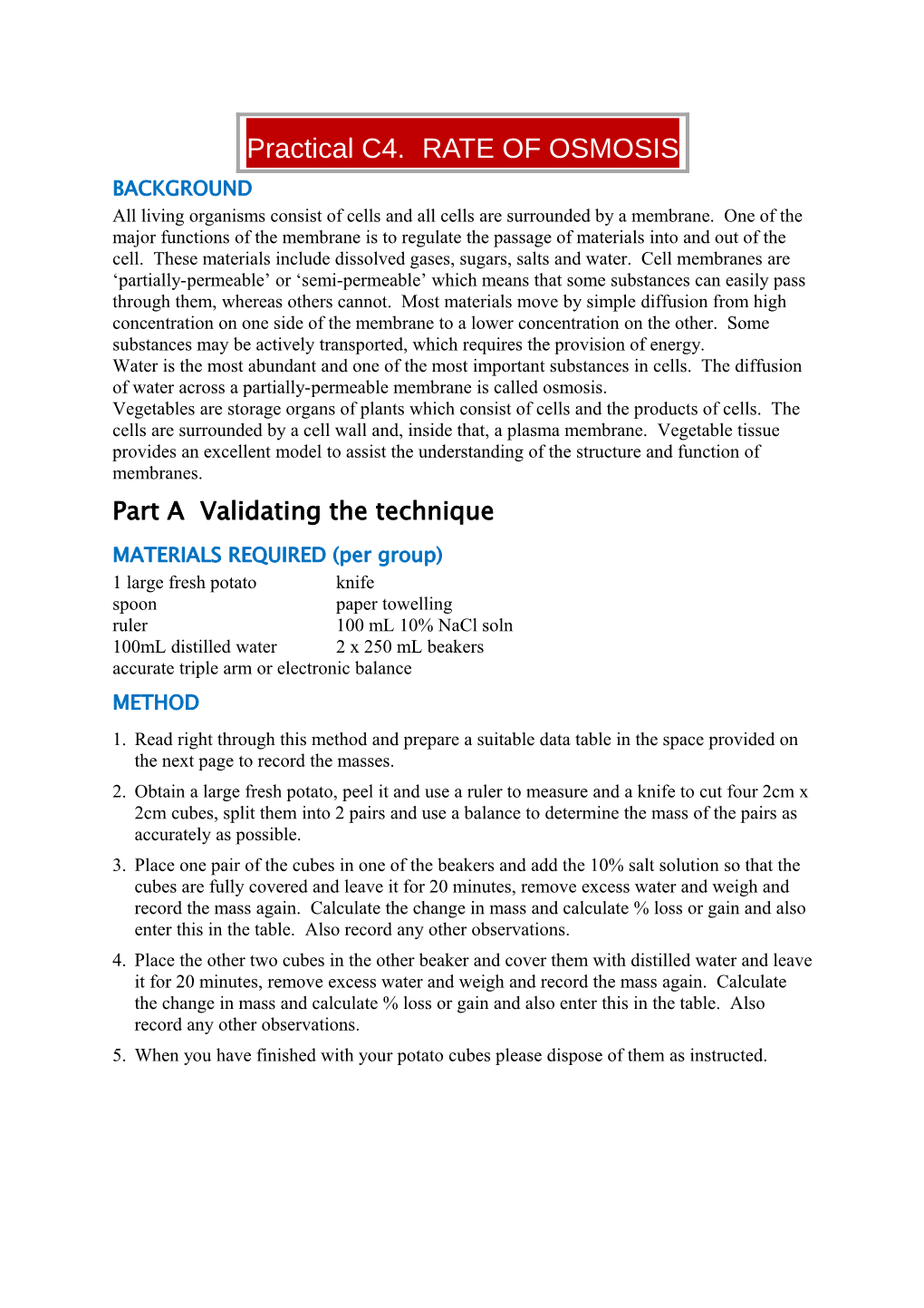 Practical C4. RATE of OSMOSIS