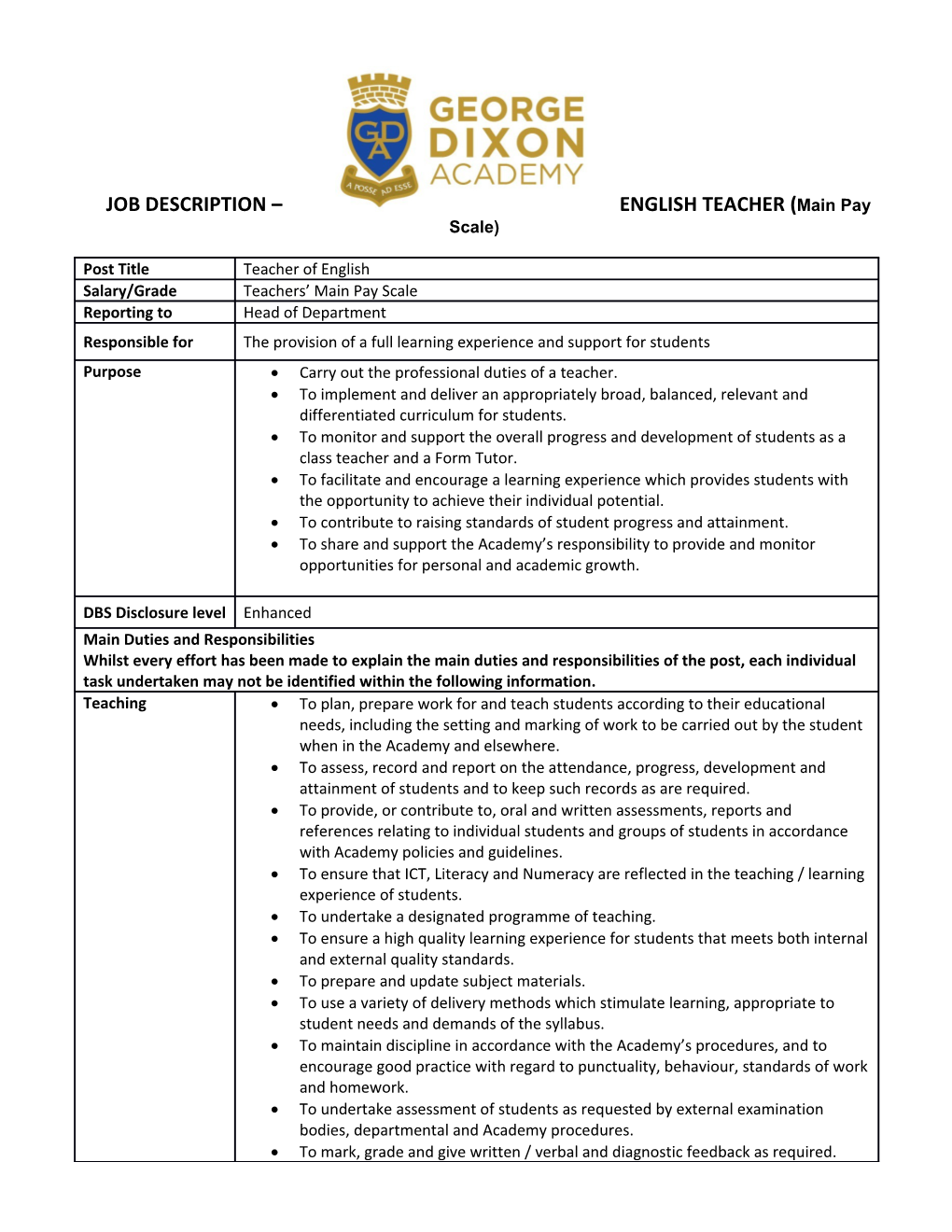 JOB DESCRIPTION ENGLISH TEACHER(Main Pay Scale)