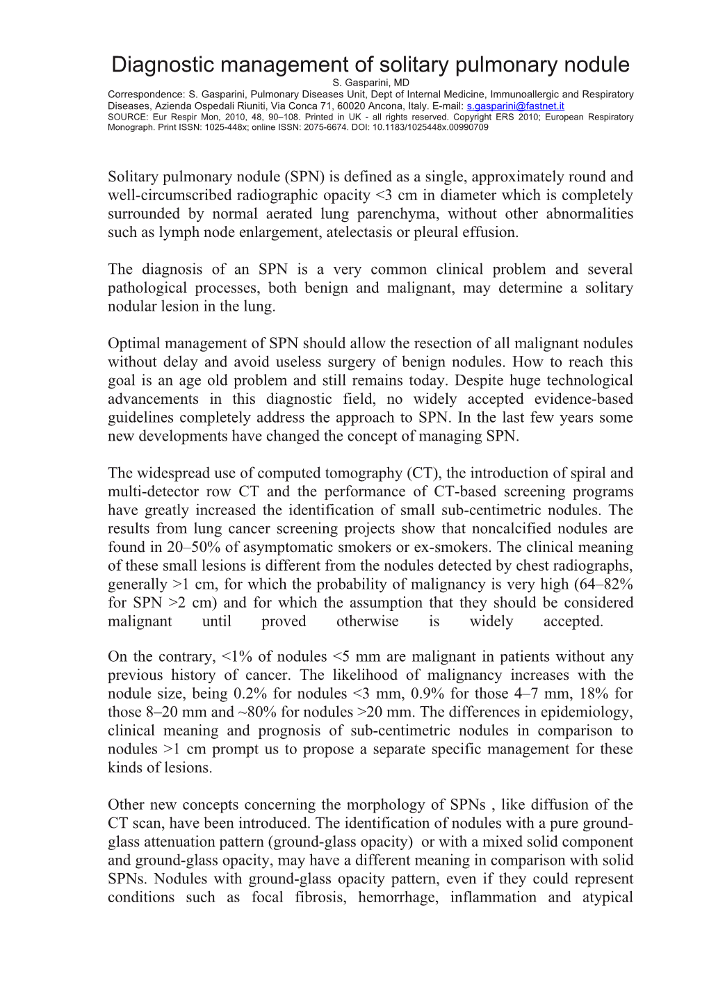 Diagnostic Management of Solitary Pulmonary Nodule