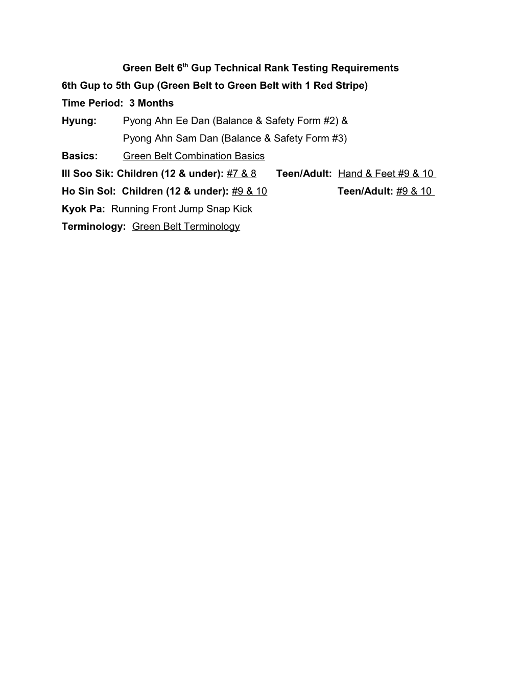 Green Belt 6Thgup Technical Rank Testing Requirements