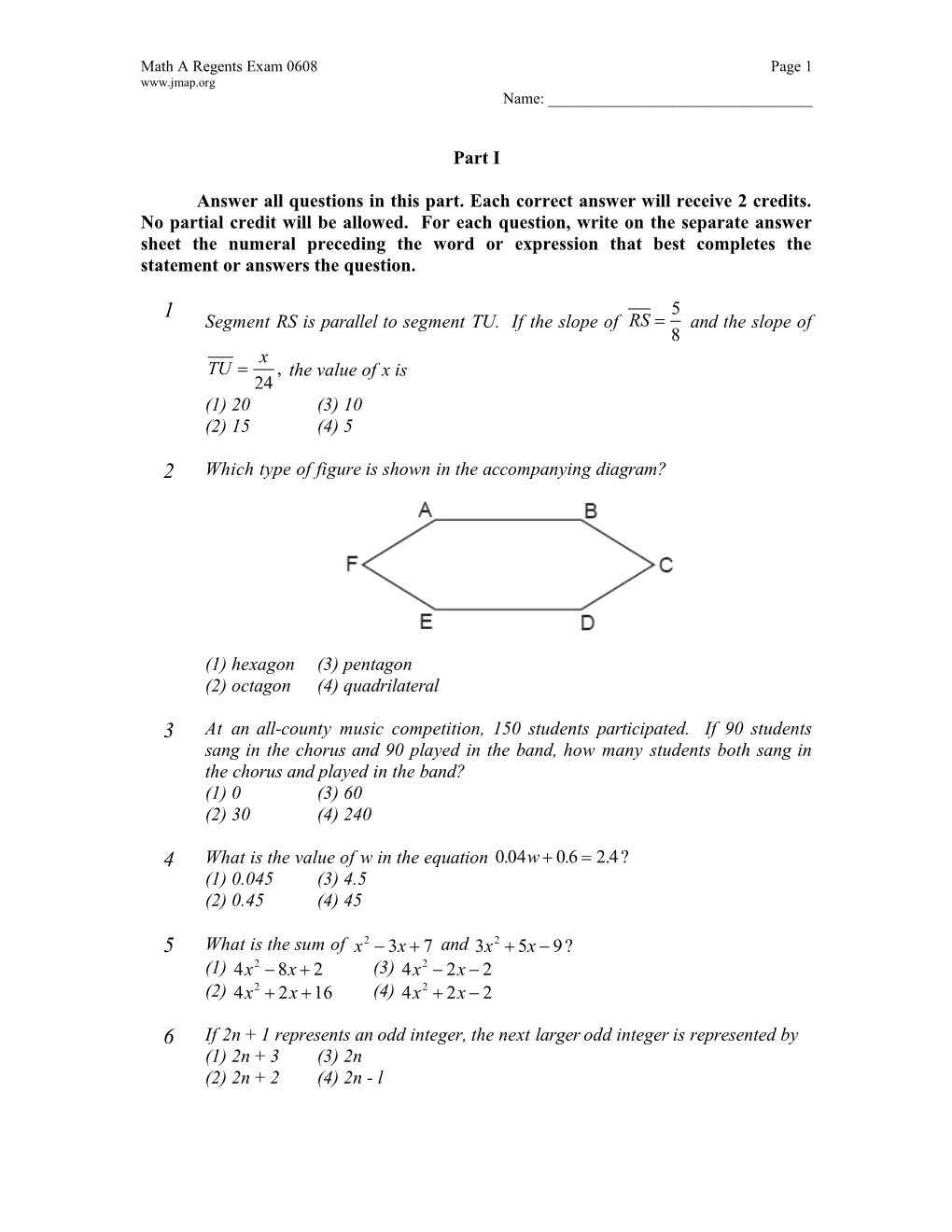 June 2008 Math a Regents Exam