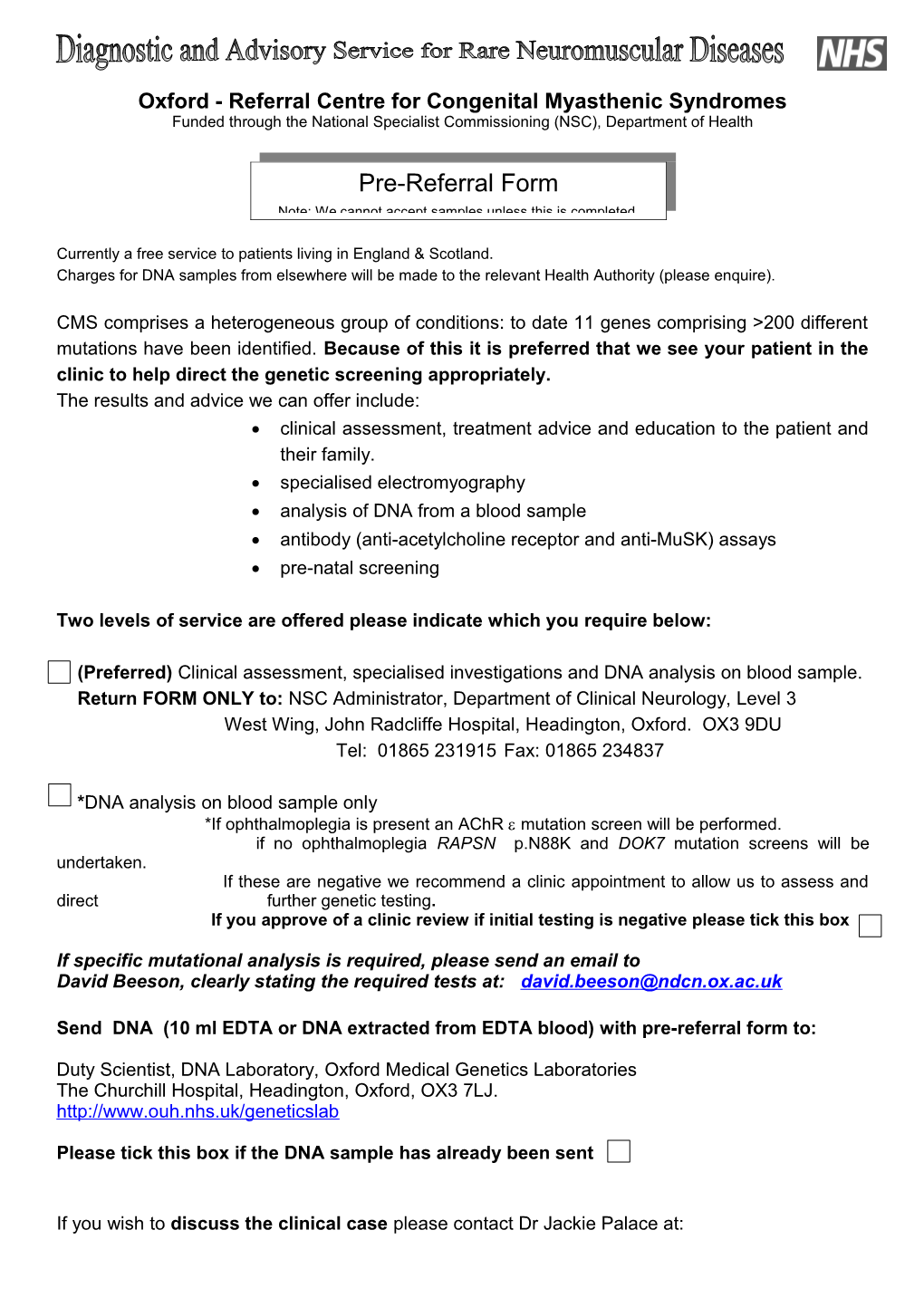 Oxford Congenital Myasthenia Service Pre-Referral Form