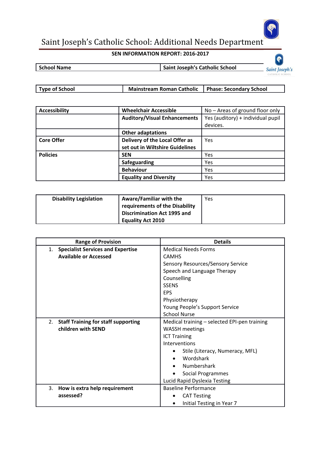 Saint Joseph S Catholic School: Additional Needs Department