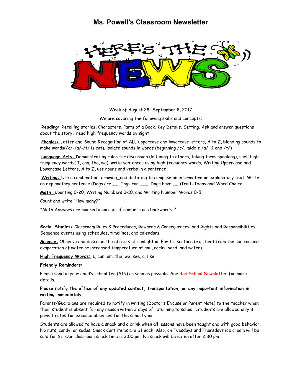 Ms. Powell's Classroom Newsletter