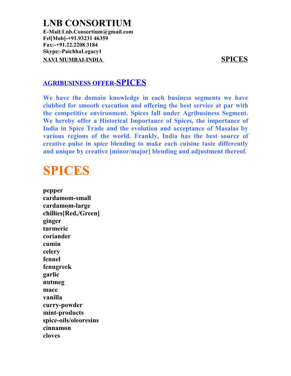 Agribusiness Offer-Spices