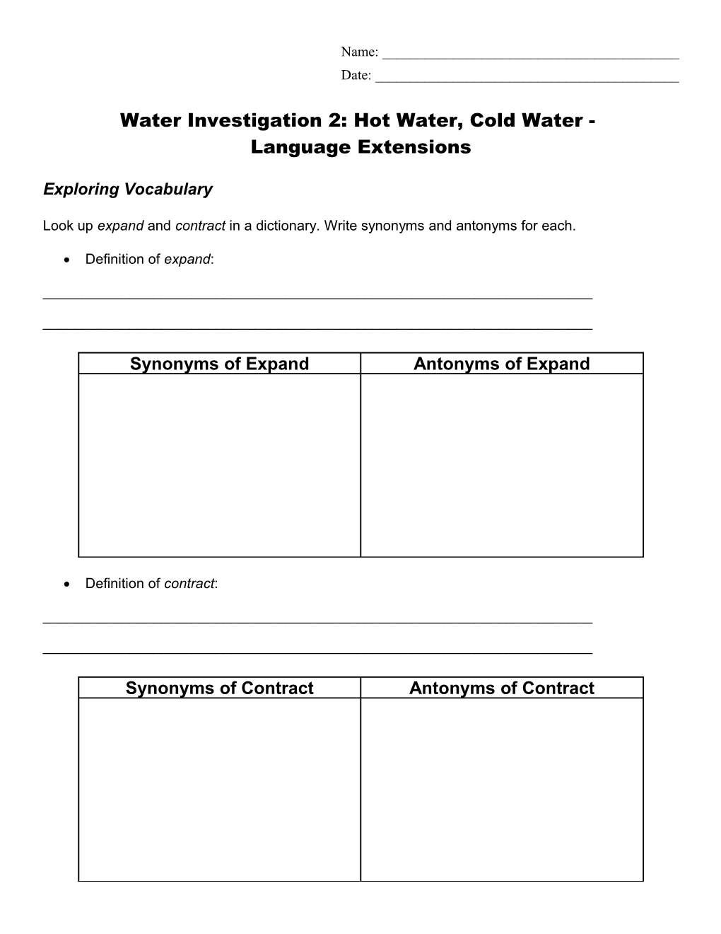 Water Investigation 1: Water Observations - Language Extensions