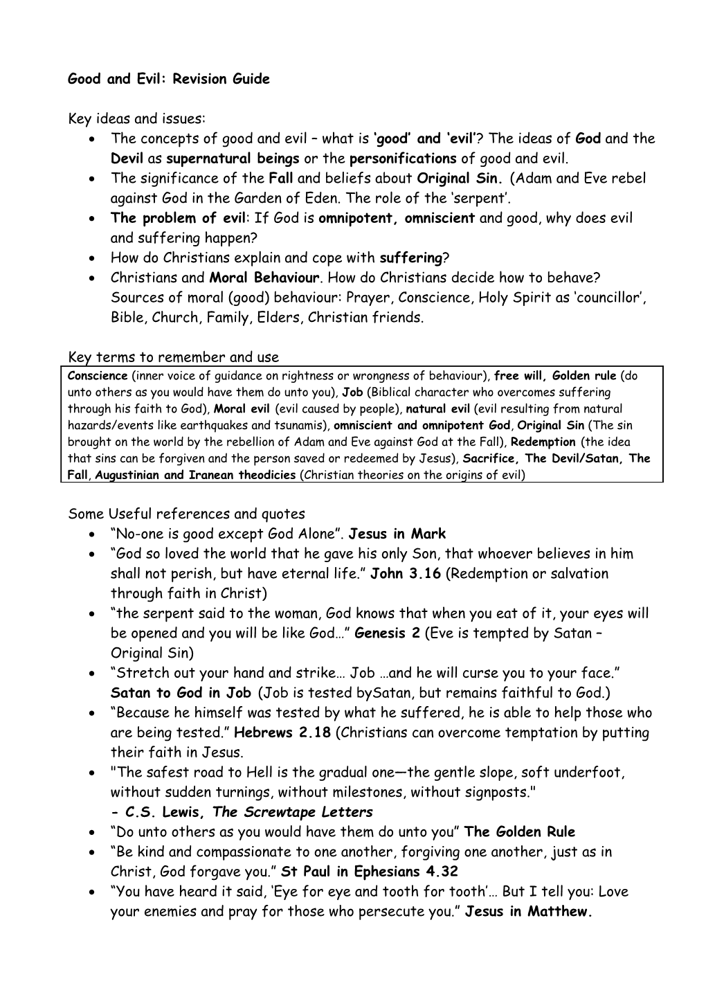 Good and Evil: Revision Guide