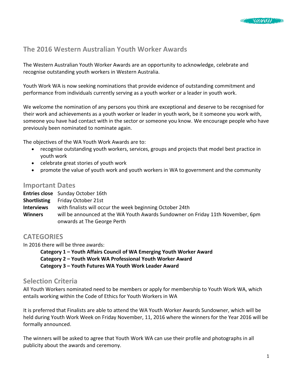 The 2016Western Australian Youth Worker Awards