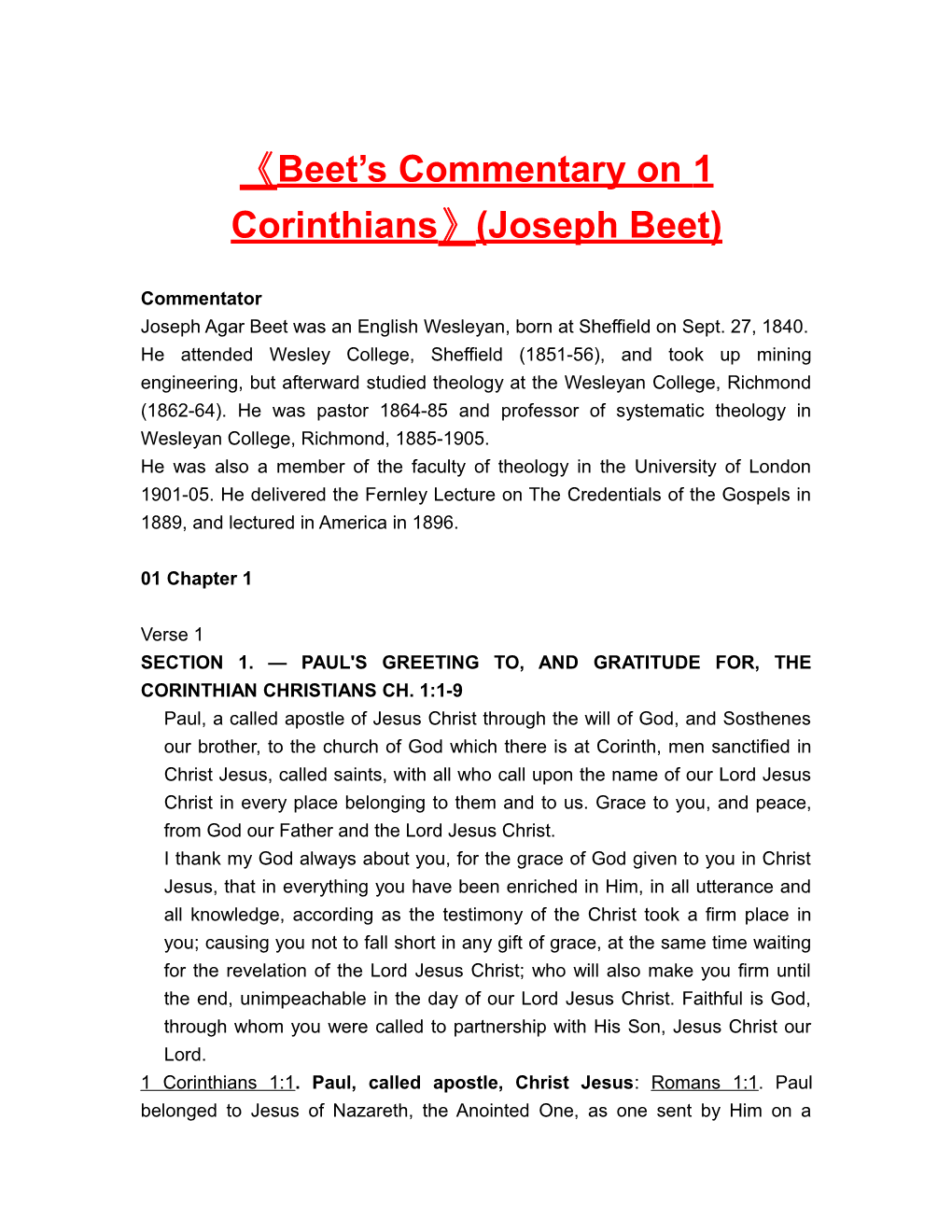 Beet S Commentary on 1 Corinthians (Joseph Beet)
