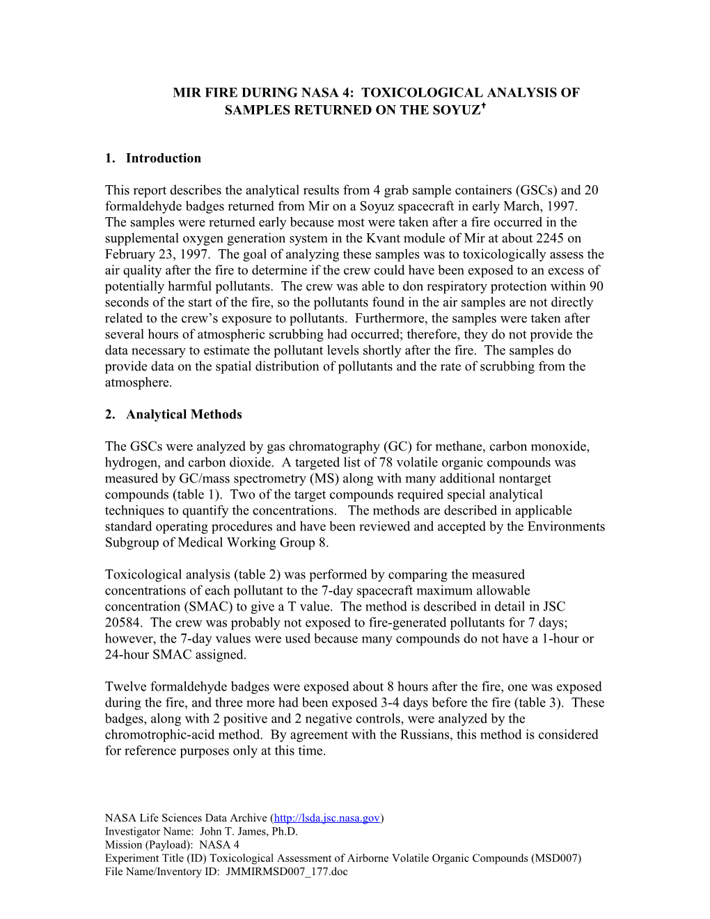 Mir Fire During Nasa 3: Toxicological Analysis Of