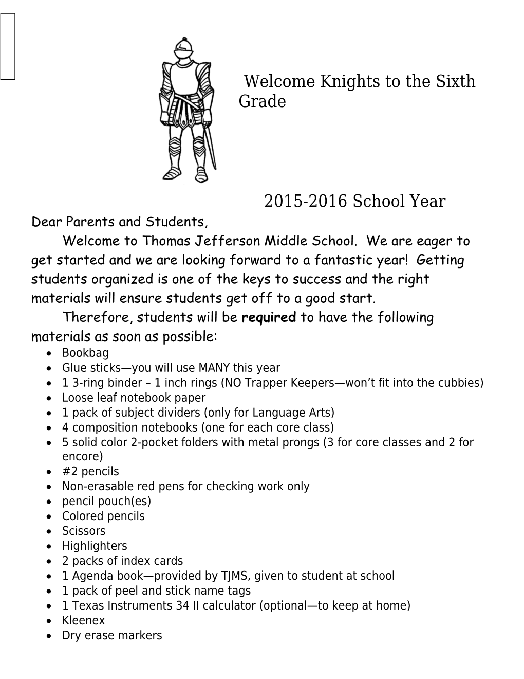 Welcome Knights to the Sixth Grade