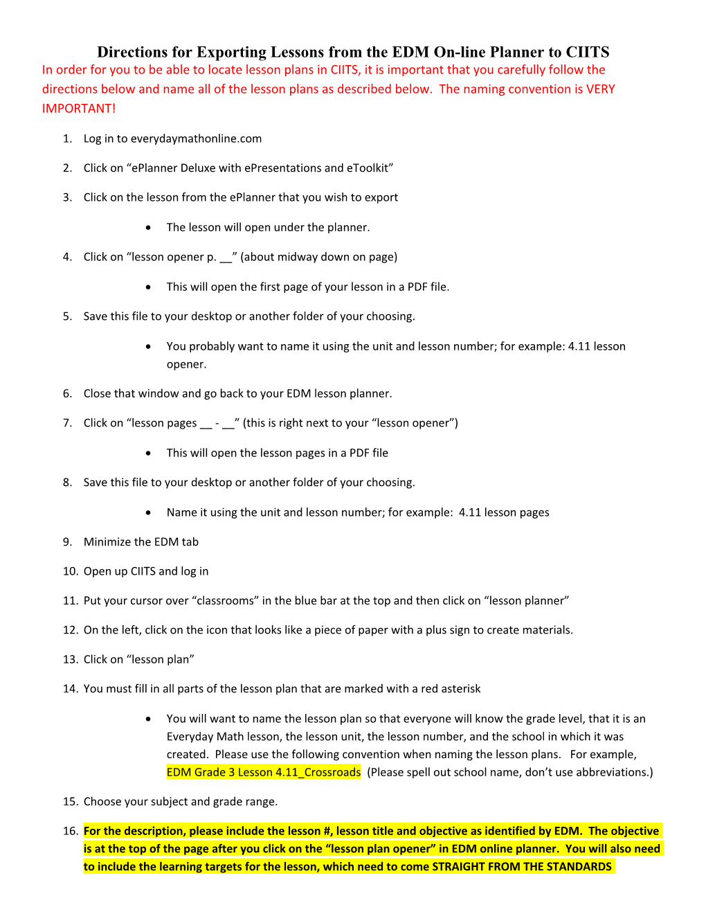 Directions for Exporting Lessons from the EDM On-Line Planner to CIITS