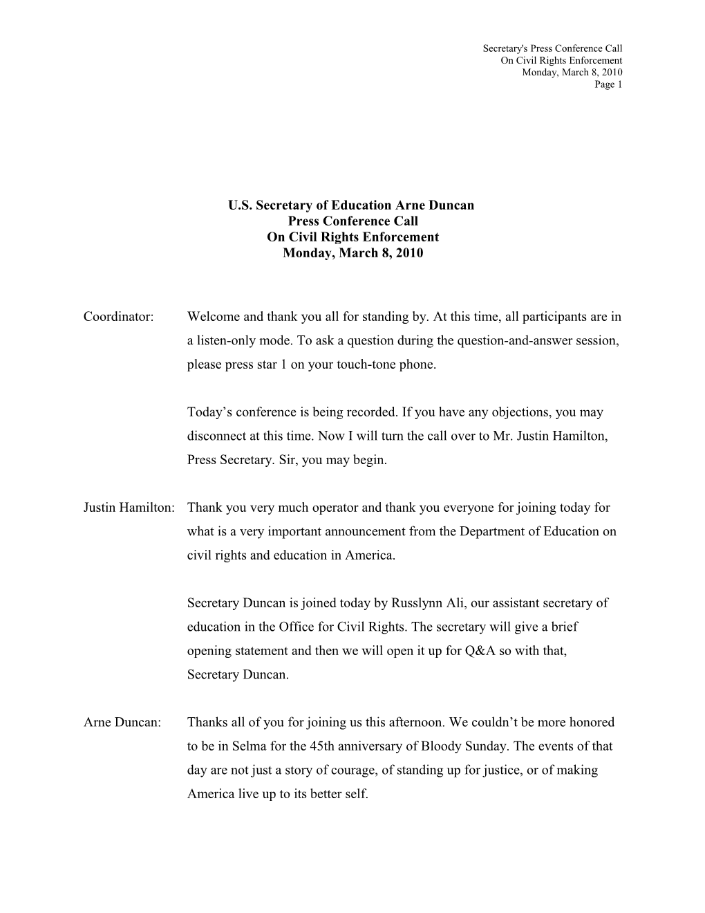 Transcript of Press Conference Call on Civil Rights Enforcement, 3/8/10 (MS Word)