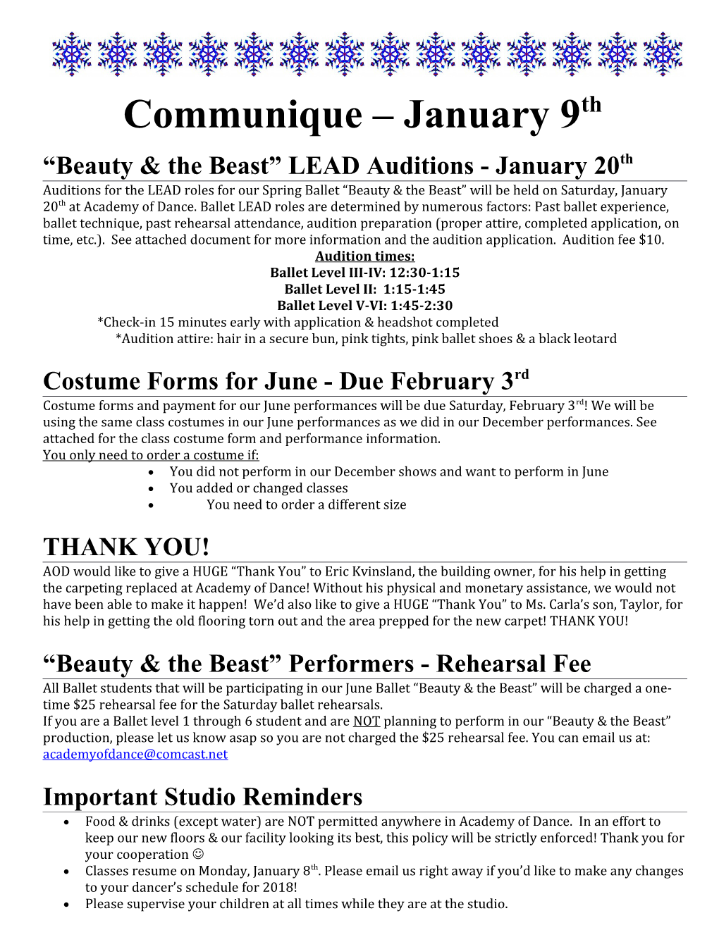 Beauty & the Beast LEAD Auditions - January 20Th