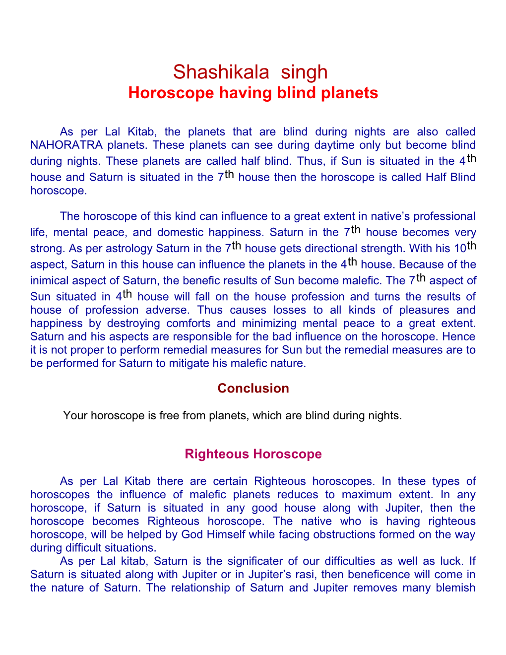 Horoscope Having Blind Planets