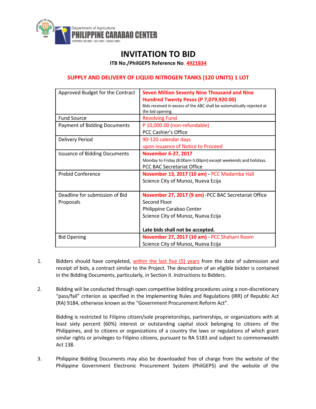 Supply and Delivery of Liquid Nitrogen Tanks (120 Units) 1 Lot