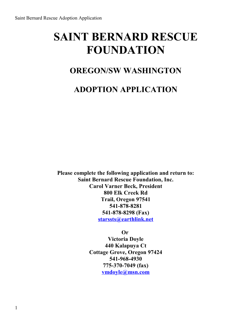 Saint Bernard Rescue Adoption Application