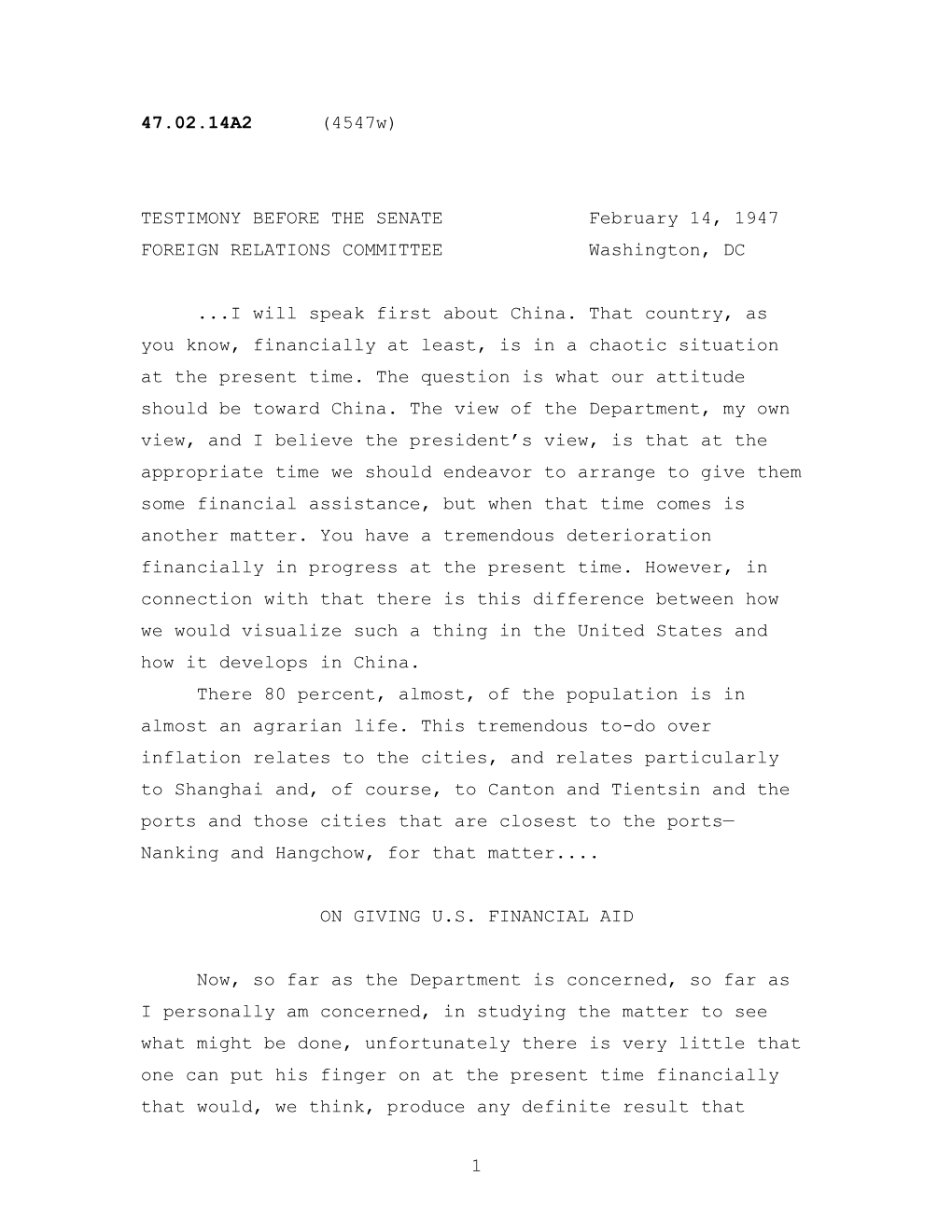 TESTIMONY BEFORE the Senatefebruary 14, 1947