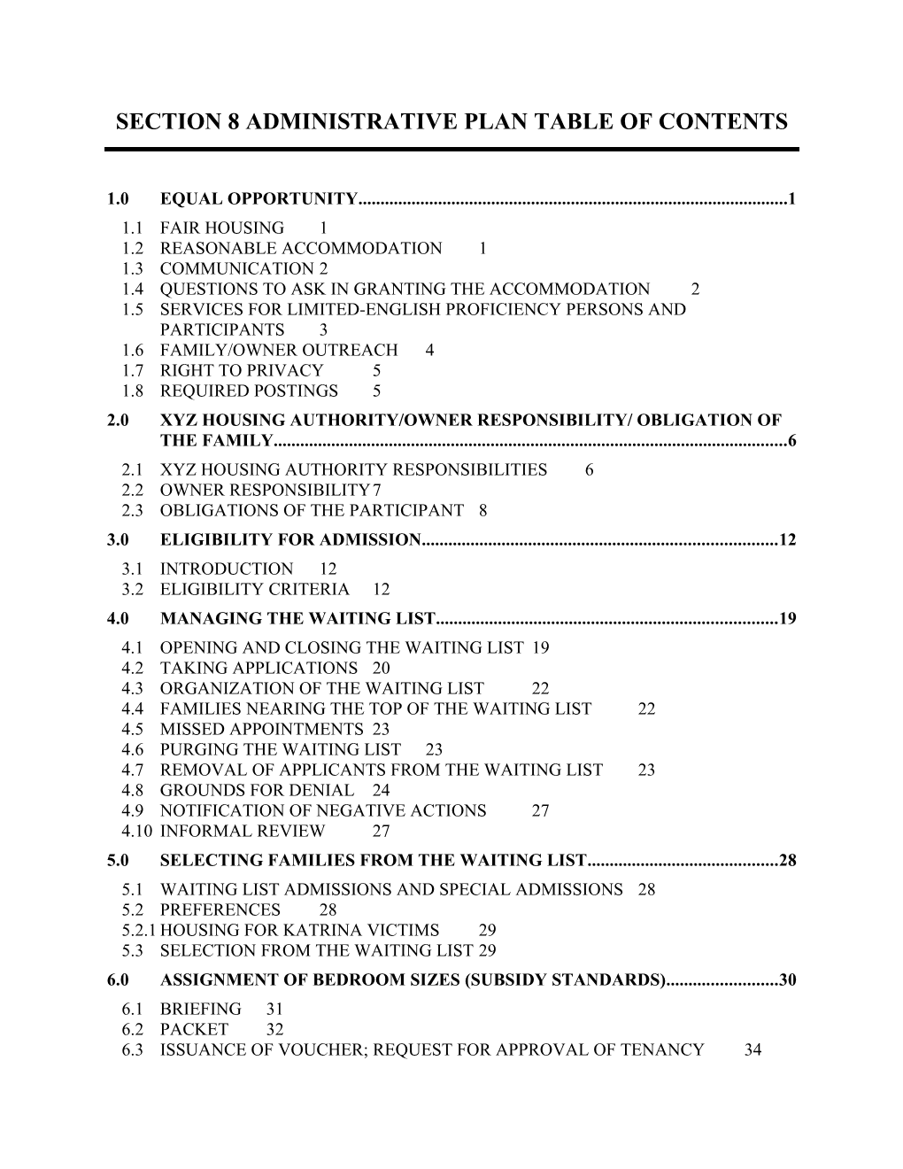 Section 8 Administrative Plan Table of Contents