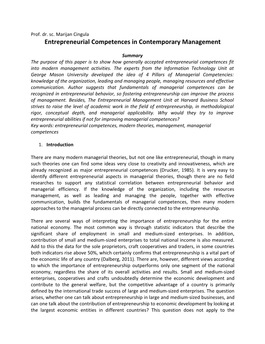 Entrepreneurial Competences in Contemporary Management