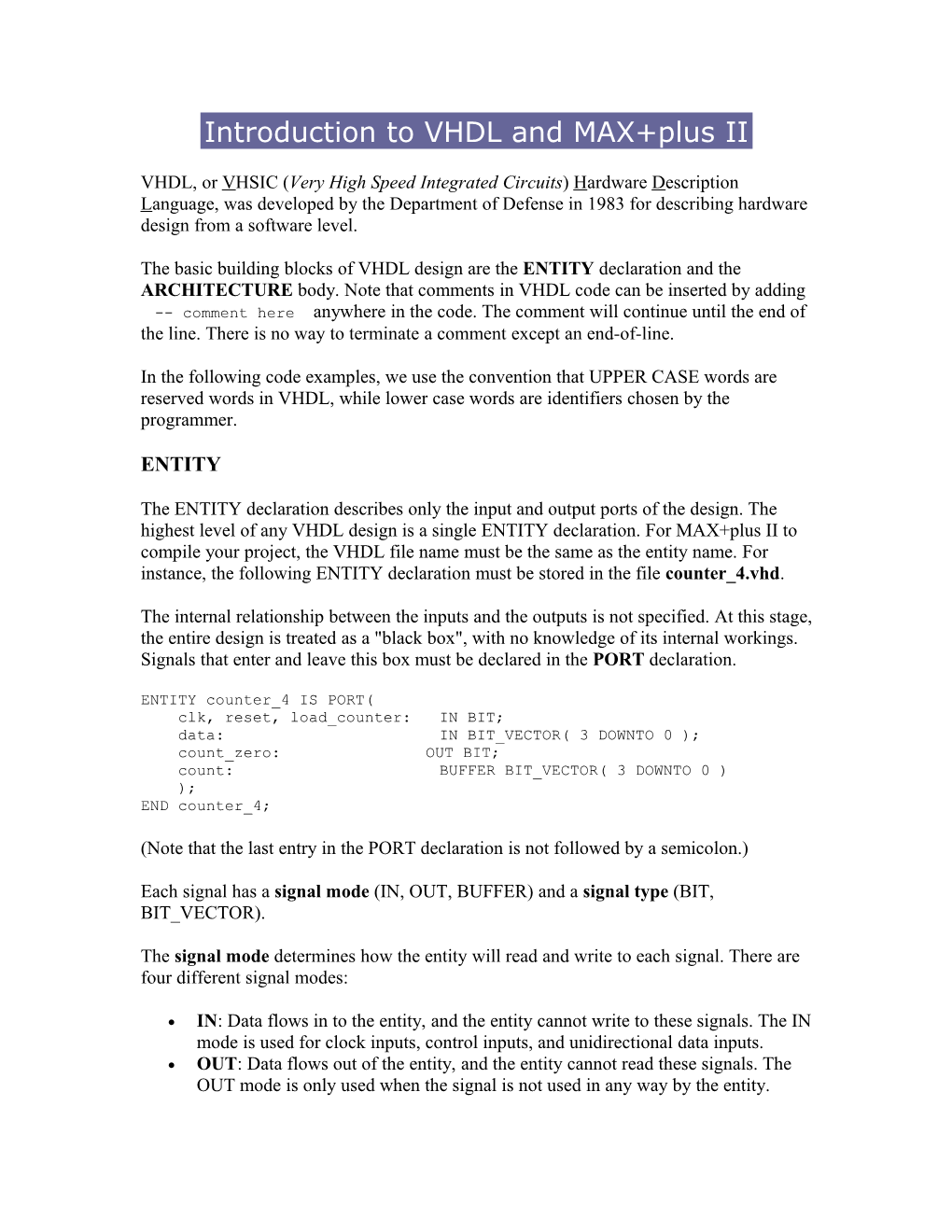 Introduction to VHDL and MAX+Plus II